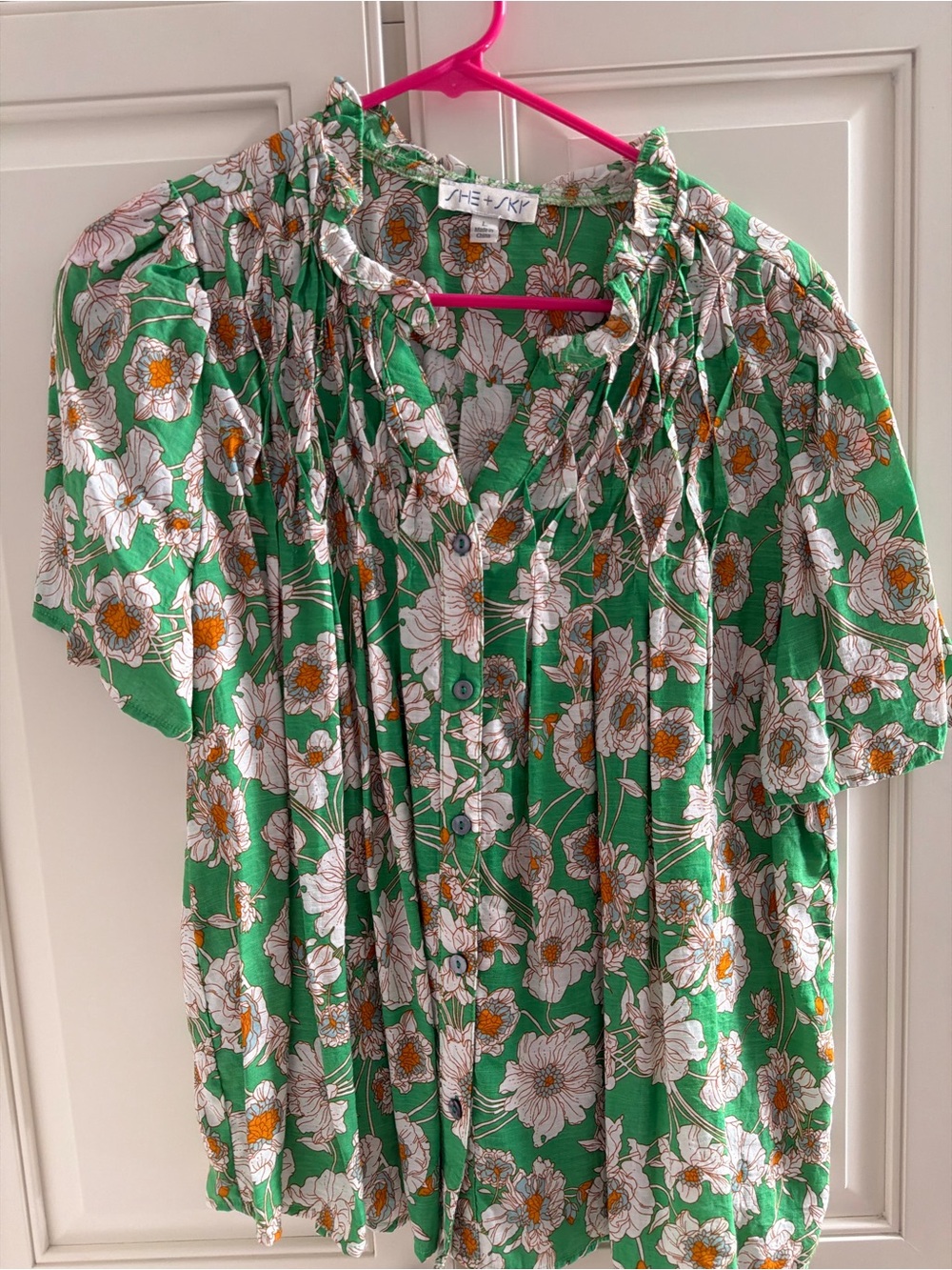 She + Sky Green Floral Button-Front Ruffled Neck Blouse